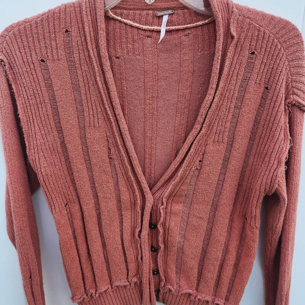 Free People Stevie Distressed V Neck Button Front Cardigan Rose Hips Com… - Picture 3 of 10
